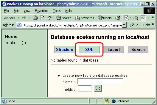 SQL Tab Location
